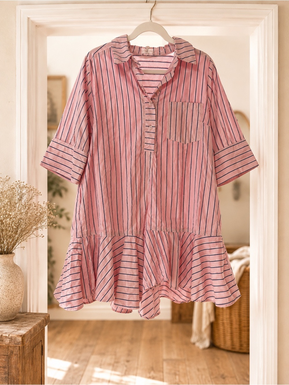 Striped Pink Ruffle Hem Dress